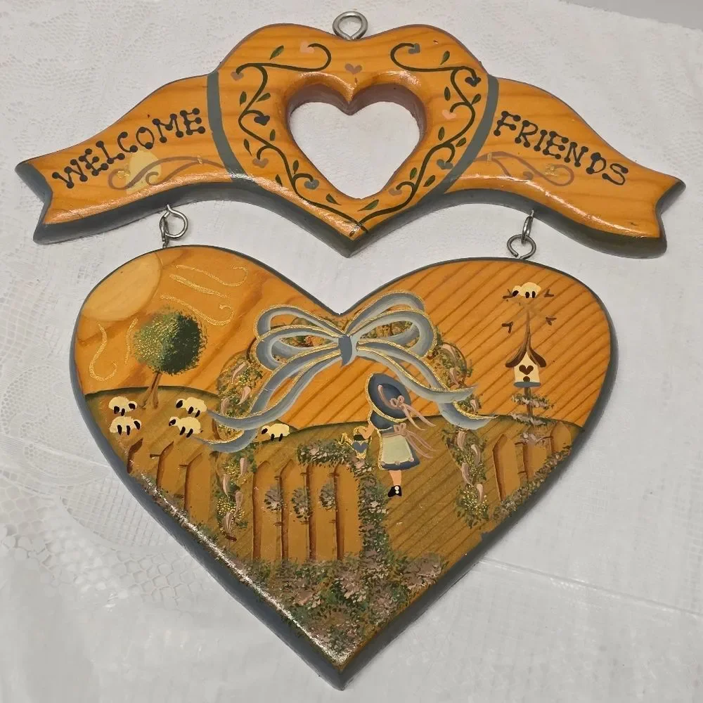 Vintage Wooden Welcome Friends Heart Shaped Wall Plaque Girl In The Farm Garden